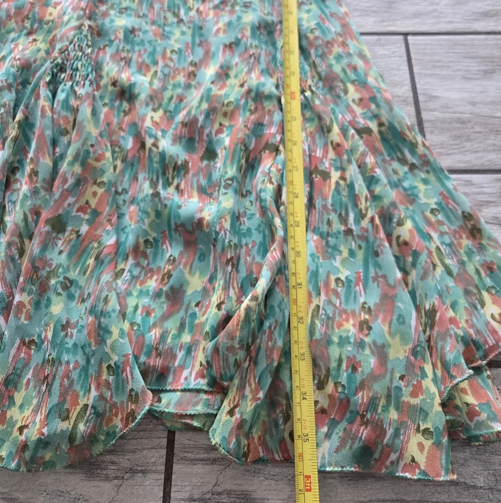 Watercolor Floral Smocked Asymmetrical Dress XS Green Boho Cottagecore Fairycore